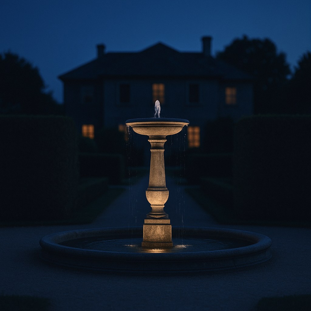 Lit stone fountain on the central axis of a formal garden at blue hour by Casa Padrino