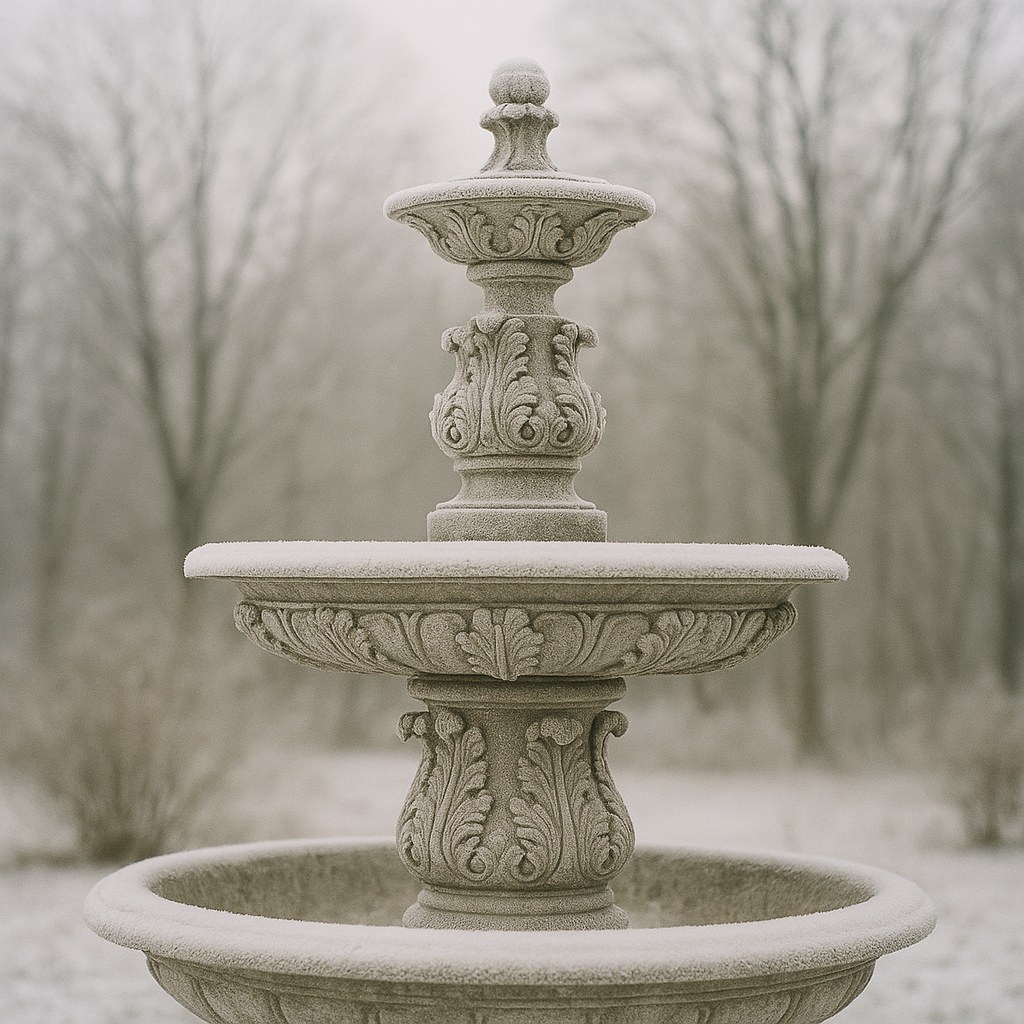 Baroque style stone fountain with hoarfrost on the carved ornament in winter by Casa Padrino