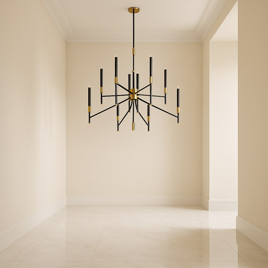 Gold chandeliers in a black and gold entrance hall by Casa Padrino