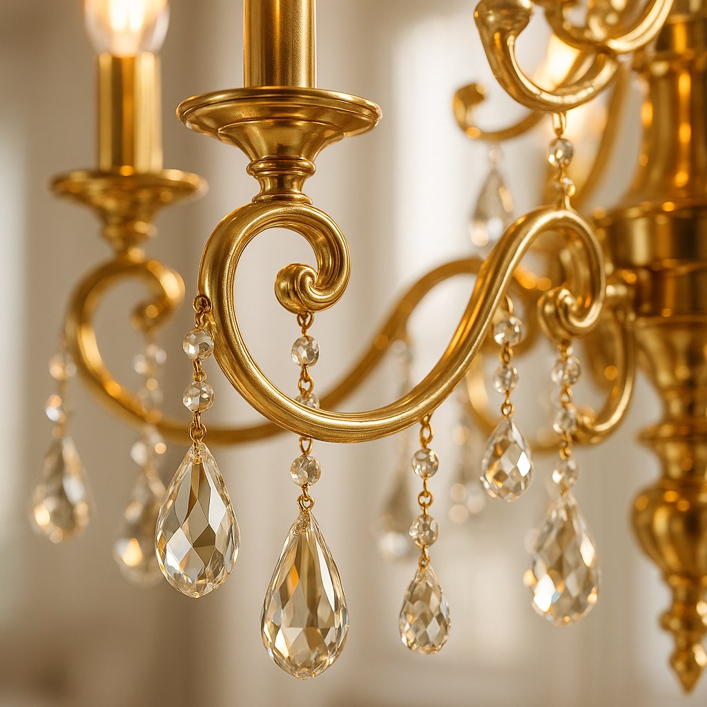 Gold chandeliers close up of cut crystal drops on a gilded frame by Casa Padrino