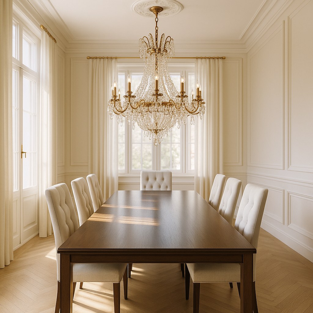 Gold chandeliers above a dining room table in a classic dining room by Casa Padrino