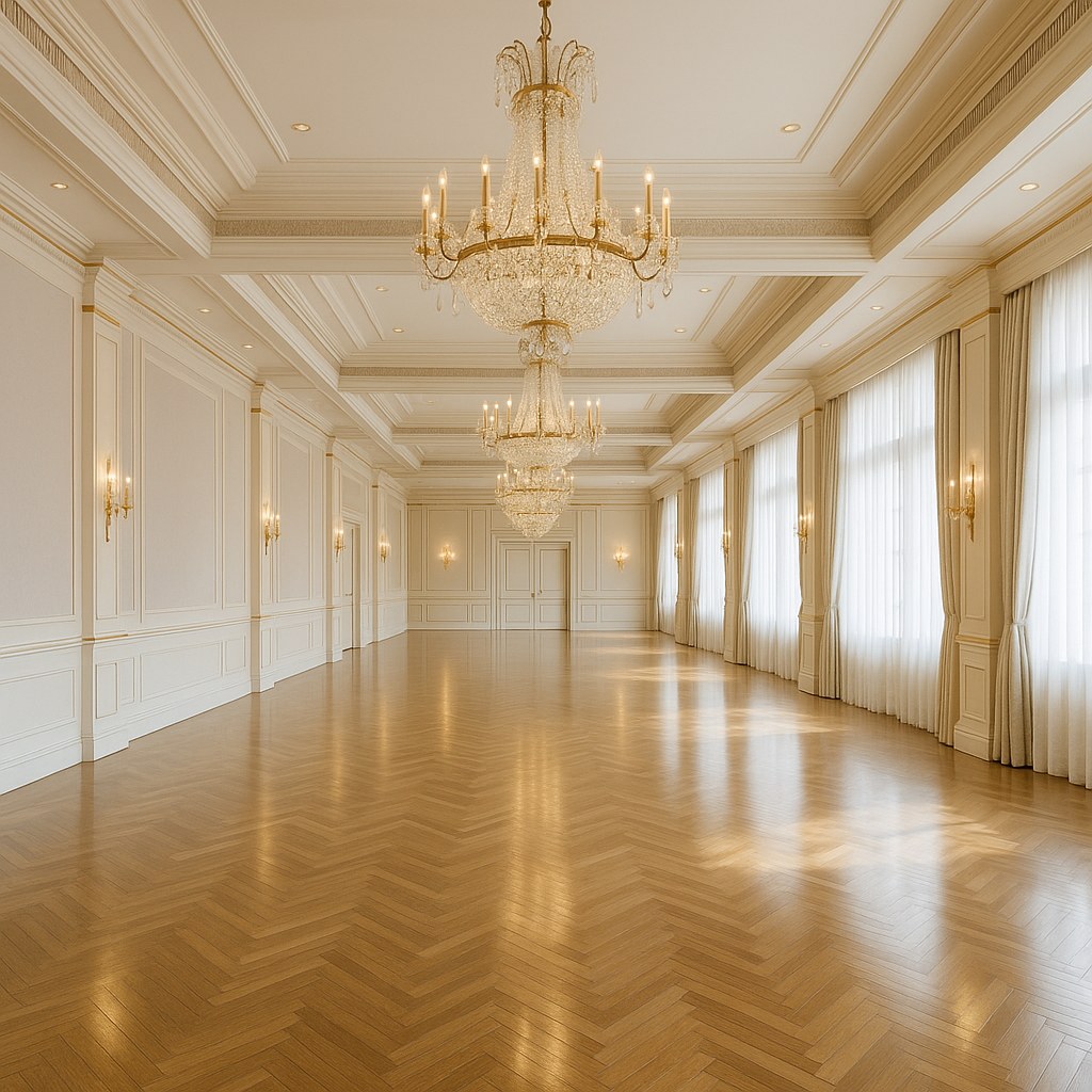 Gold chandeliers lighting a hotel ballroom furnished by Casa Padrino