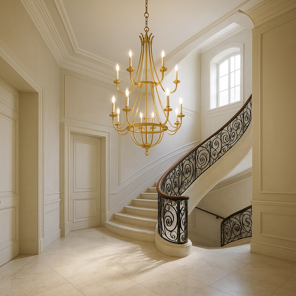 Gold chandeliers hanging in a staircase above an entrance by Casa Padrino