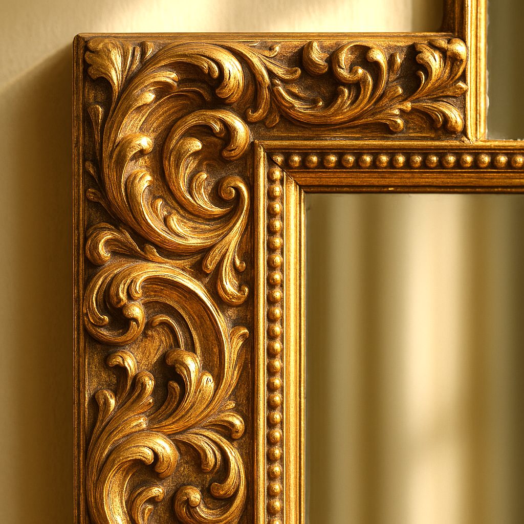 Gold mirrors detail of a hand carved and gilded frame by Casa Padrino