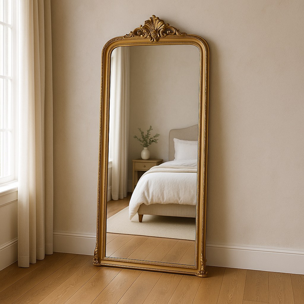 Gold mirrors full length standing mirror in a bedroom by Casa Padrino
