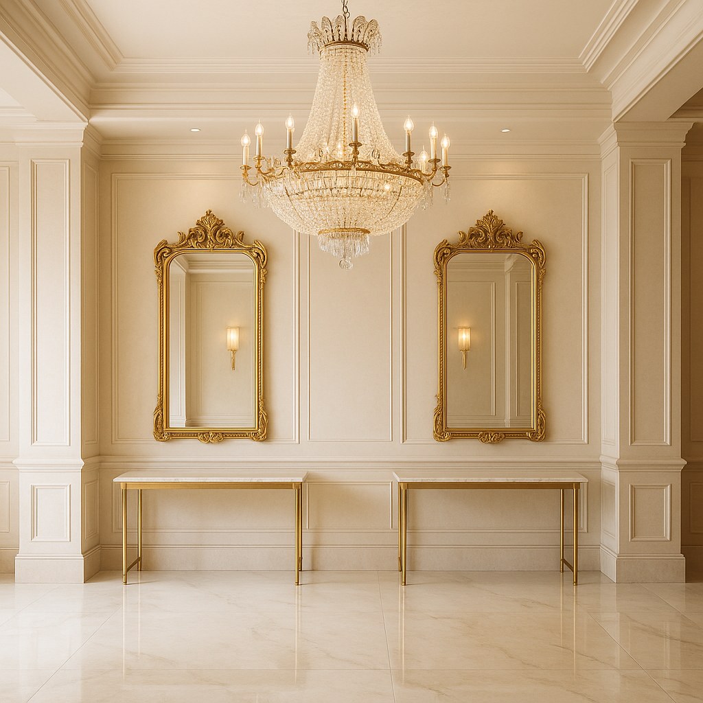 Gold mirrors pair of tall gilded wall mirrors in a hotel lobby by Casa Padrino