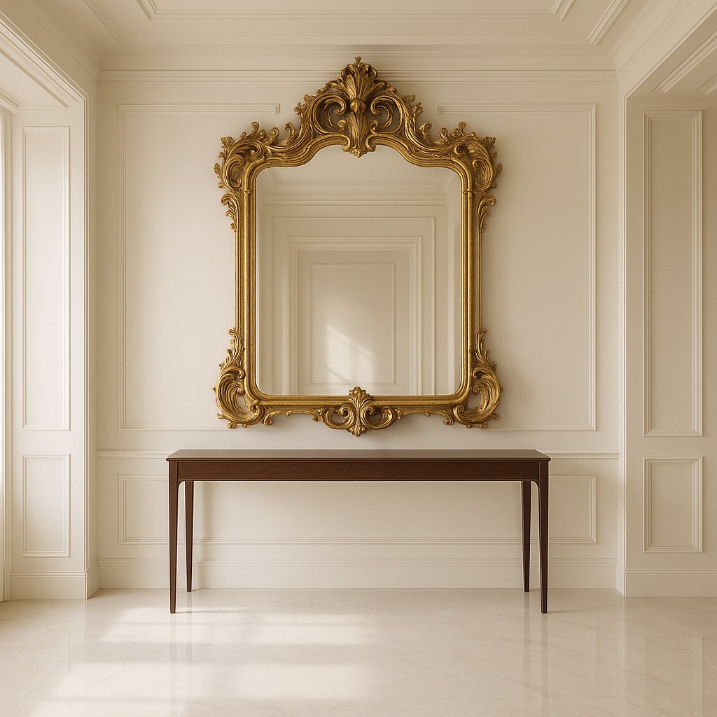 Gold mirrors large baroque wall mirror hanging in a hallway by Casa Padrino