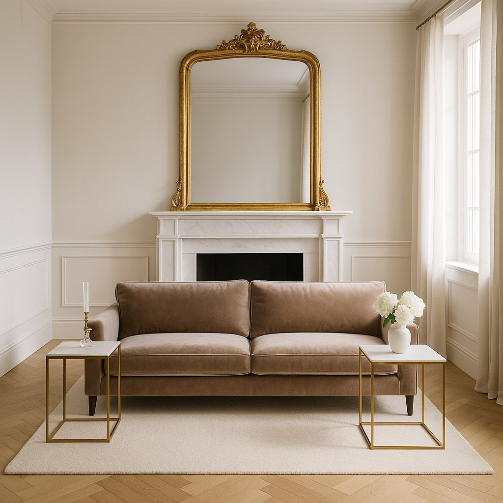 Gold mirrors ornate wall mirror above a living room fireplace by Casa Padrino