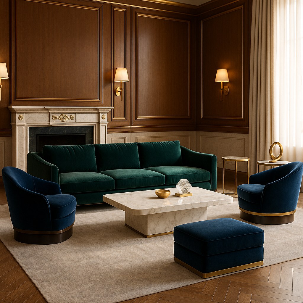 Hospitality furniture craftsmanship in velvet and brass detail by Casa Padrino