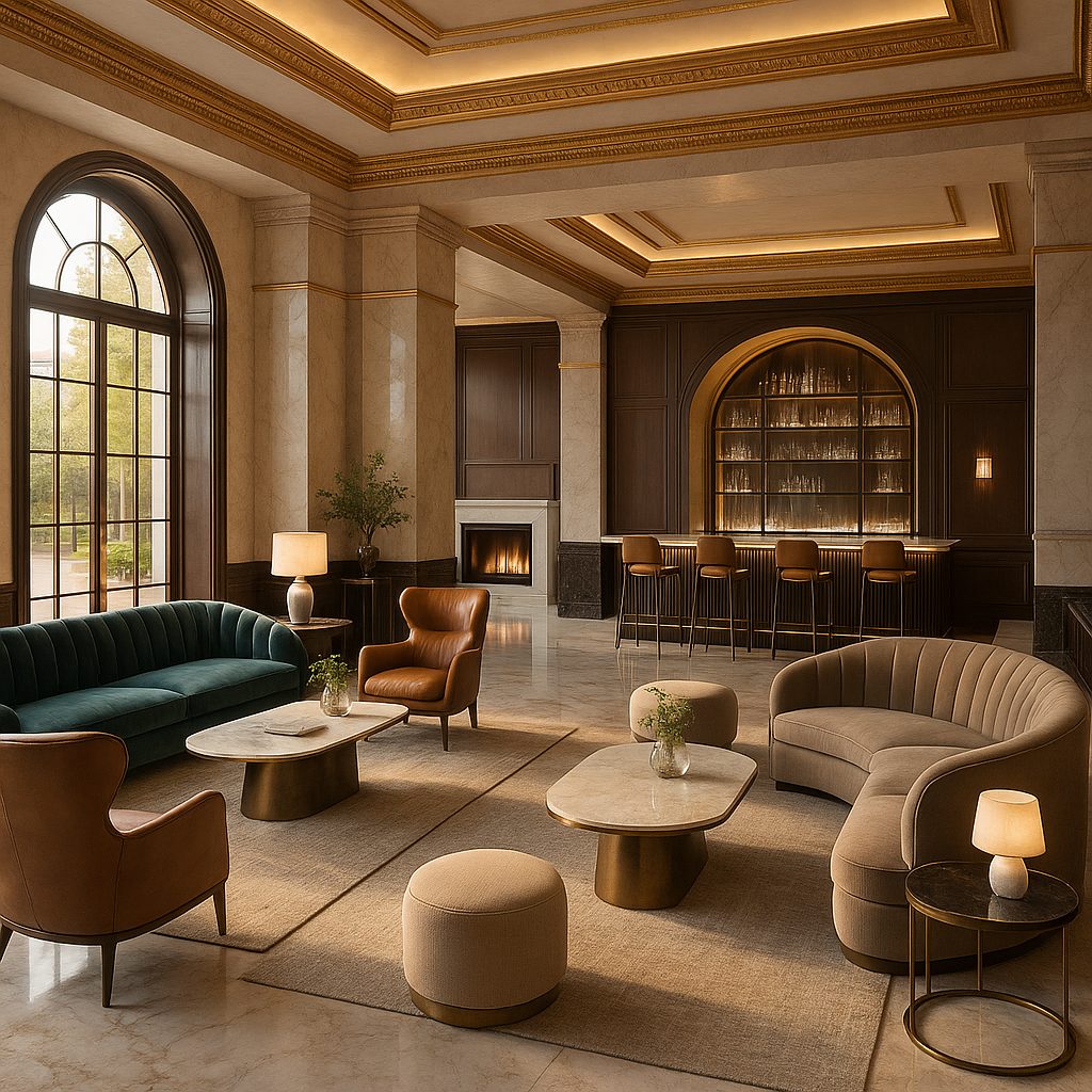 Hospitality furniture in an elegant hotel lobby and bar by Casa Padrino
