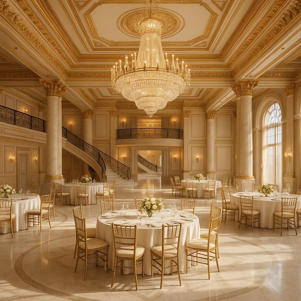 Hotel lighting crystal chandelier above a grand ballroom by Casa Padrino