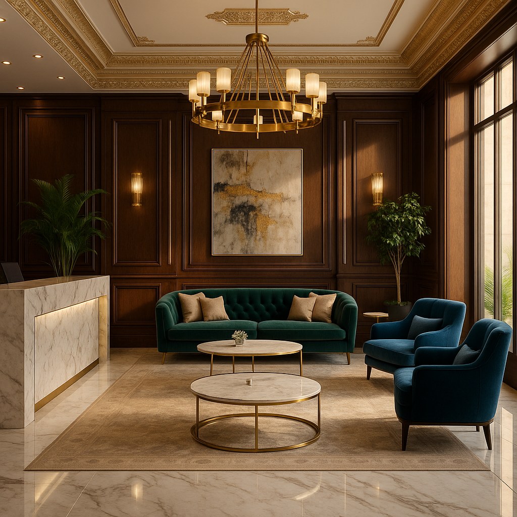 Hotel lobby furniture with elegant reception seating by Casa Padrino