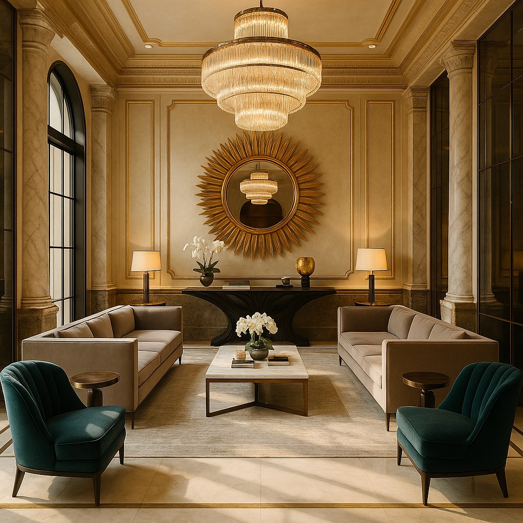 Hotel lobby furniture with statement mirror and chandelier by Casa Padrino