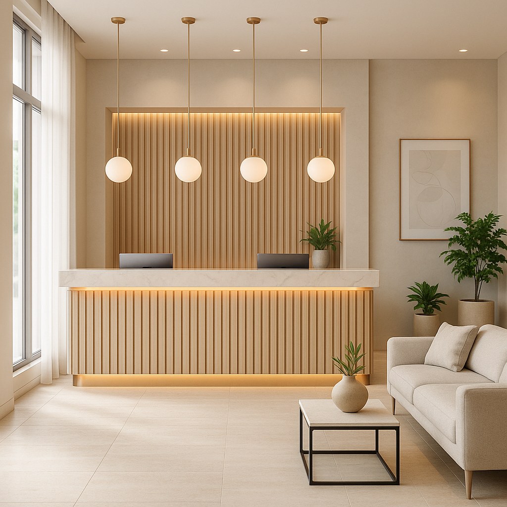 Hotel reception furniture with elegant front desk by Casa Padrino