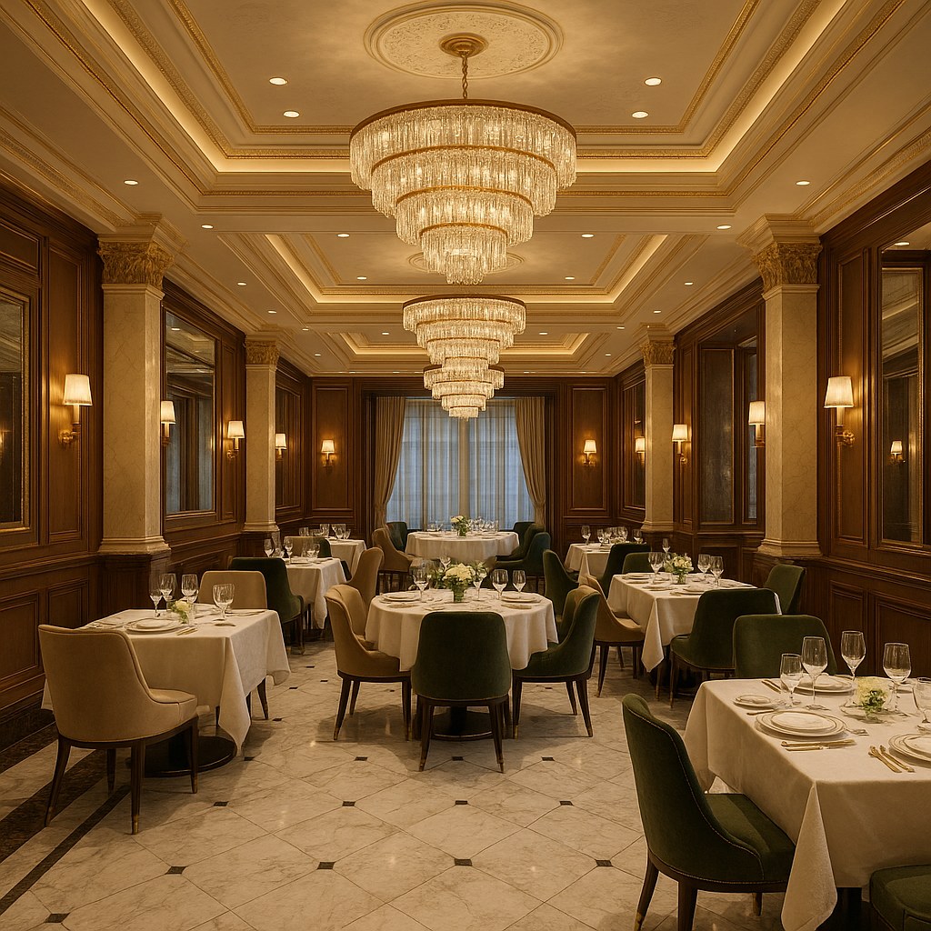 Hotel lighting above an elegant restaurant dining room by Casa Padrino