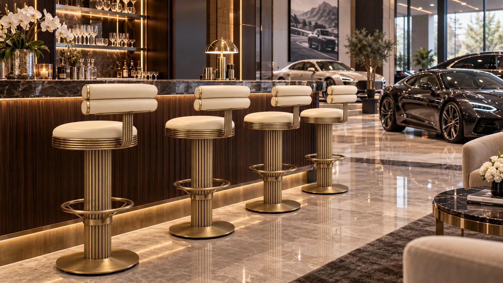 Luxury bar stools in brass and cream leather at the counter of a car showroom lounge by Casa Padrino