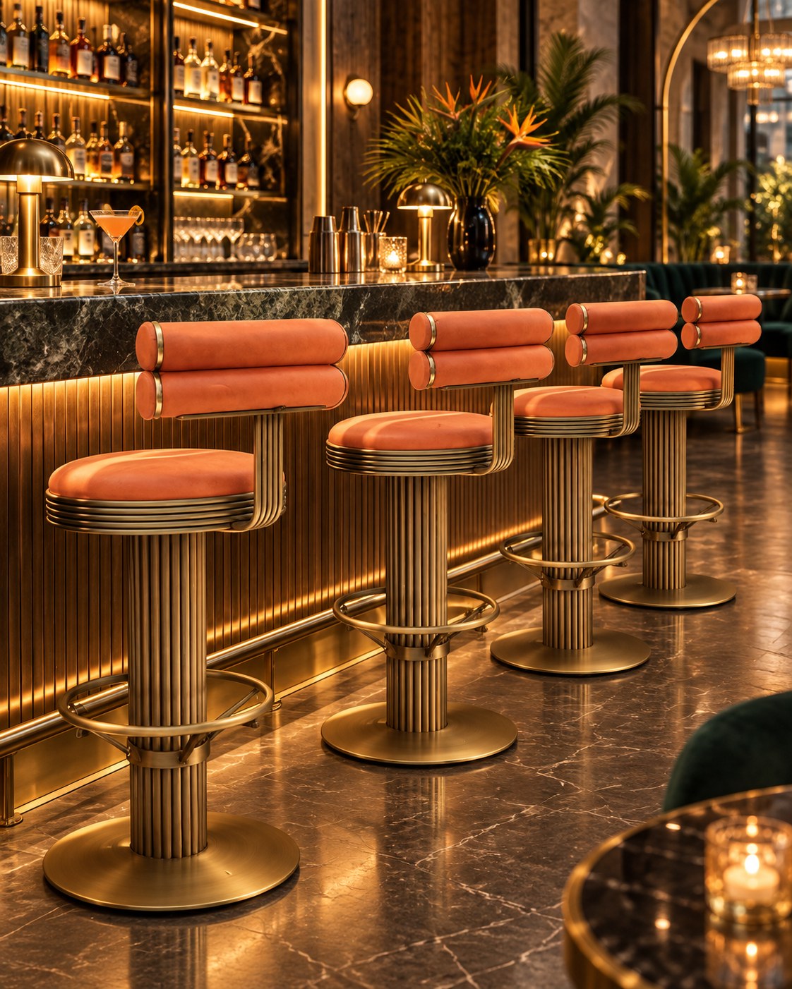 Luxury bar stools in coral velvet and brass at a cocktail bar counter with palms and warm lighting by Casa Padrino