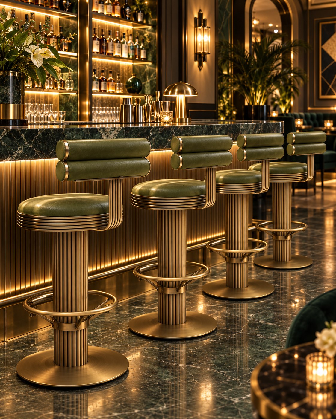 Luxury bar stools in olive green leather and brass along a green marble hotel bar counter by Casa Padrino