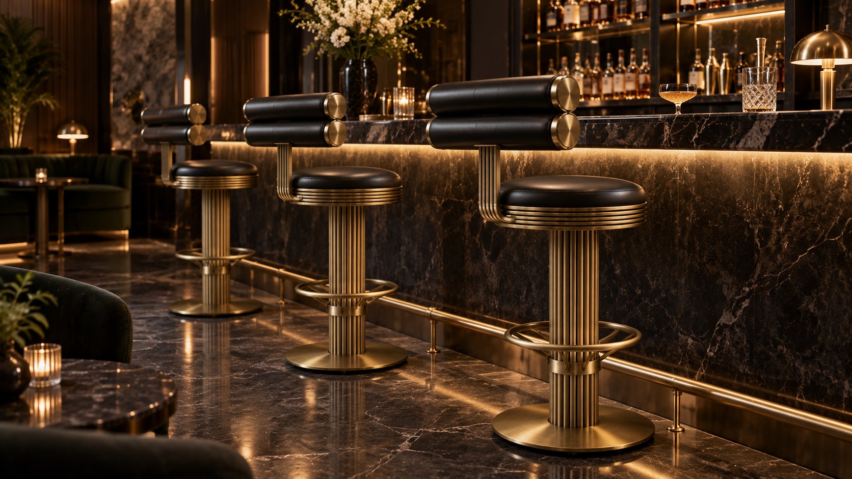 Luxury bar stools in black leather and brass at the dark marble counter of a private members club by Casa Padrino