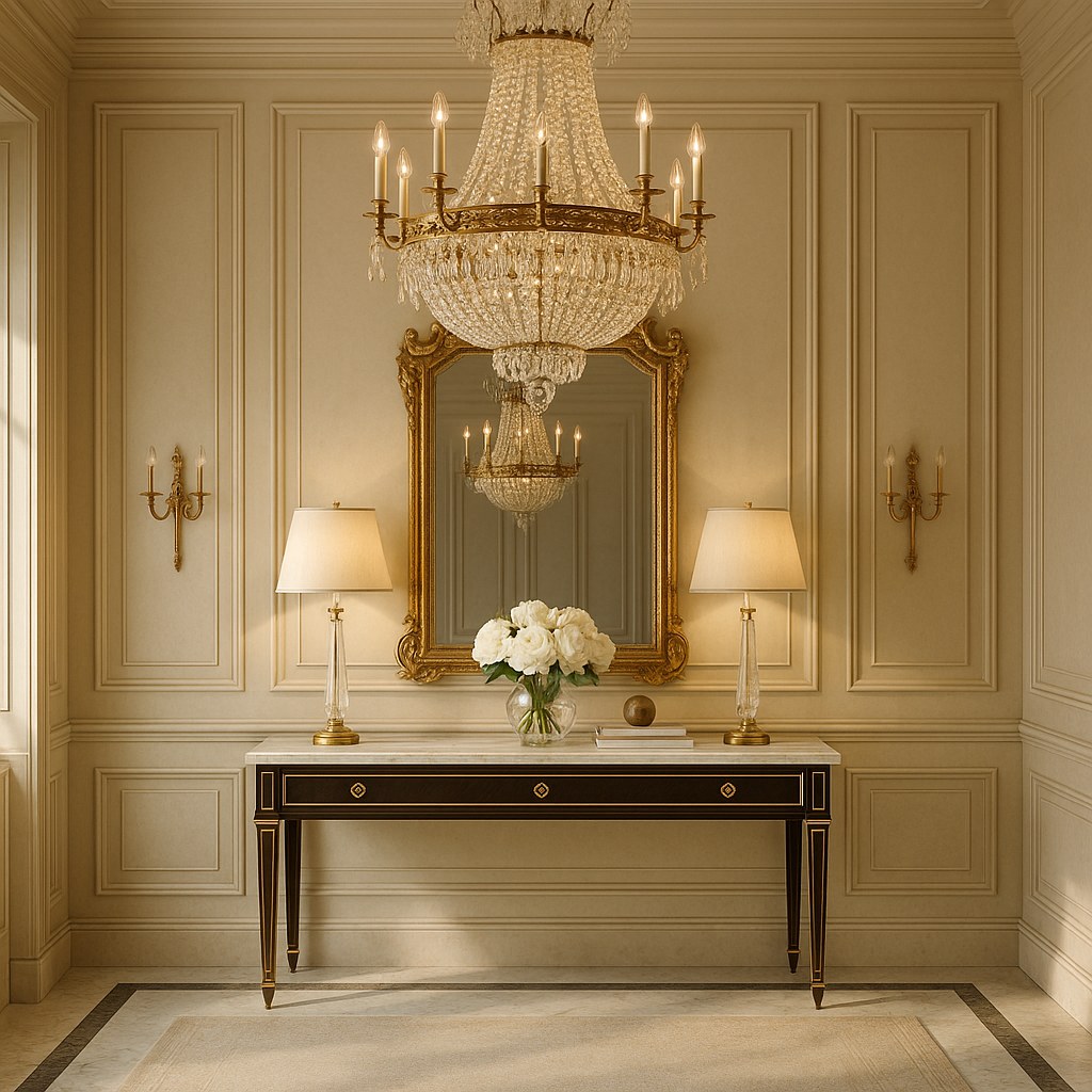 Luxury chandelier paired with a mirror and console table by Casa Padrino