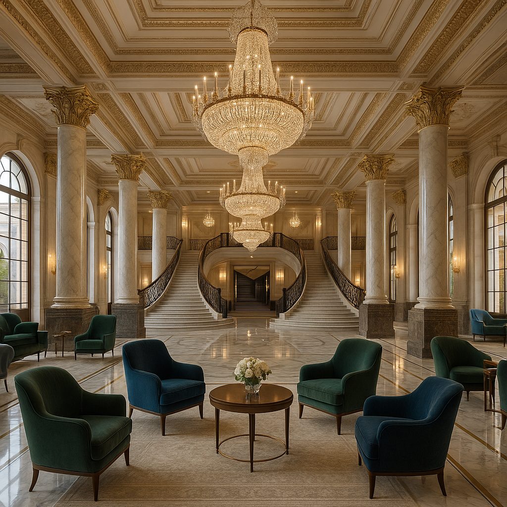 Luxury chandeliers in a grand hotel lobby by Casa Padrino