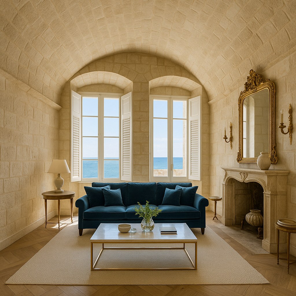Luxury furniture Antibes old town living room under a stone vault furnished by Casa Padrino