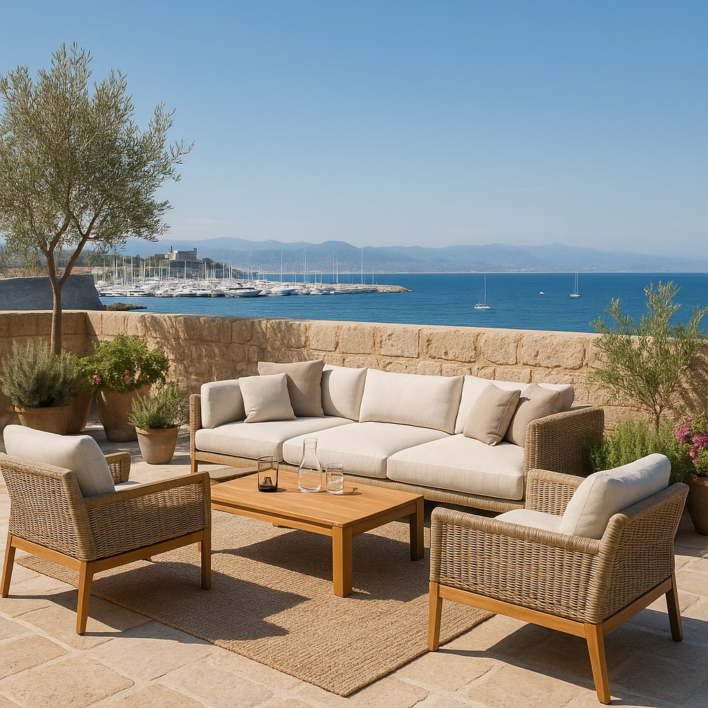 Luxury furniture Antibes terrace above the yacht harbour with Casa Padrino rattan furniture