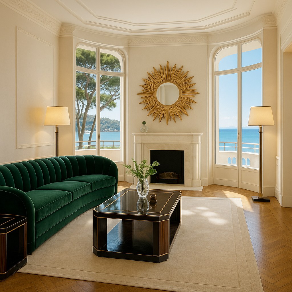 Luxury furniture Juan-les-Pins Art Deco living room with a Casa Padrino velvet sofa
