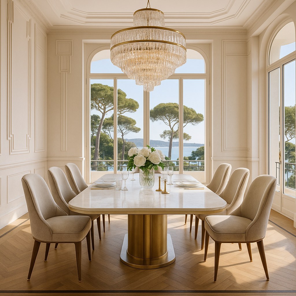 Luxury furniture Juan-les-Pins dining room with a Casa Padrino crystal chandelier