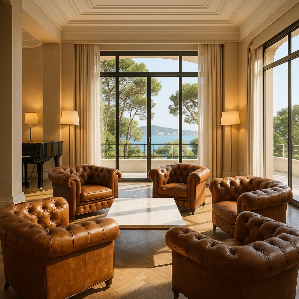 Luxury furniture Juan-les-Pins lounge with Casa Padrino leather armchairs and a piano