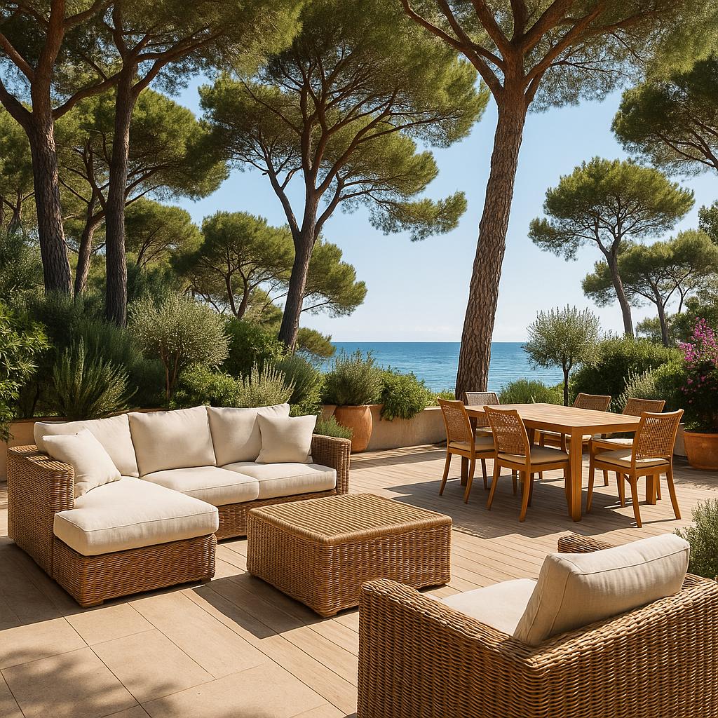 Luxury furniture Juan-les-Pins terrace in the pine grove with Casa Padrino rattan furniture