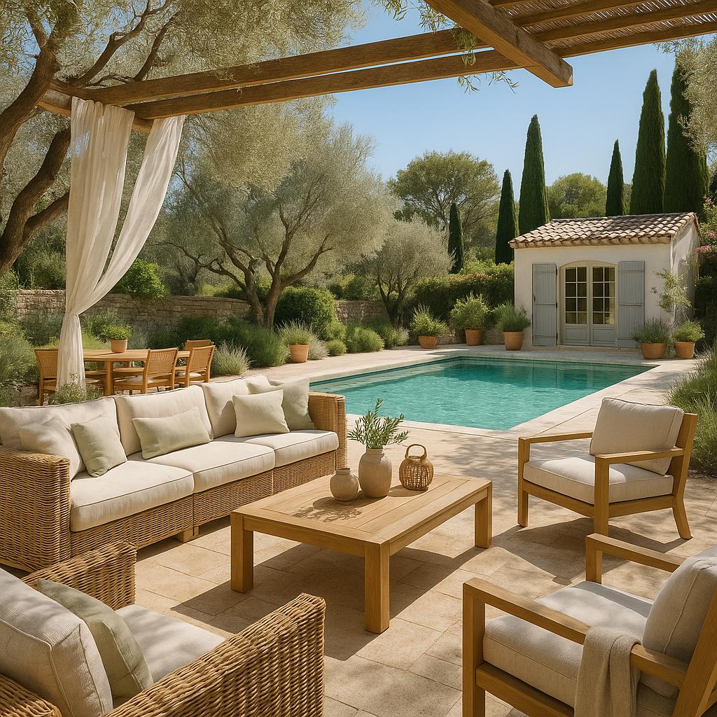 Luxury furniture Mougins olive garden terrace with rattan furniture by Casa Padrino