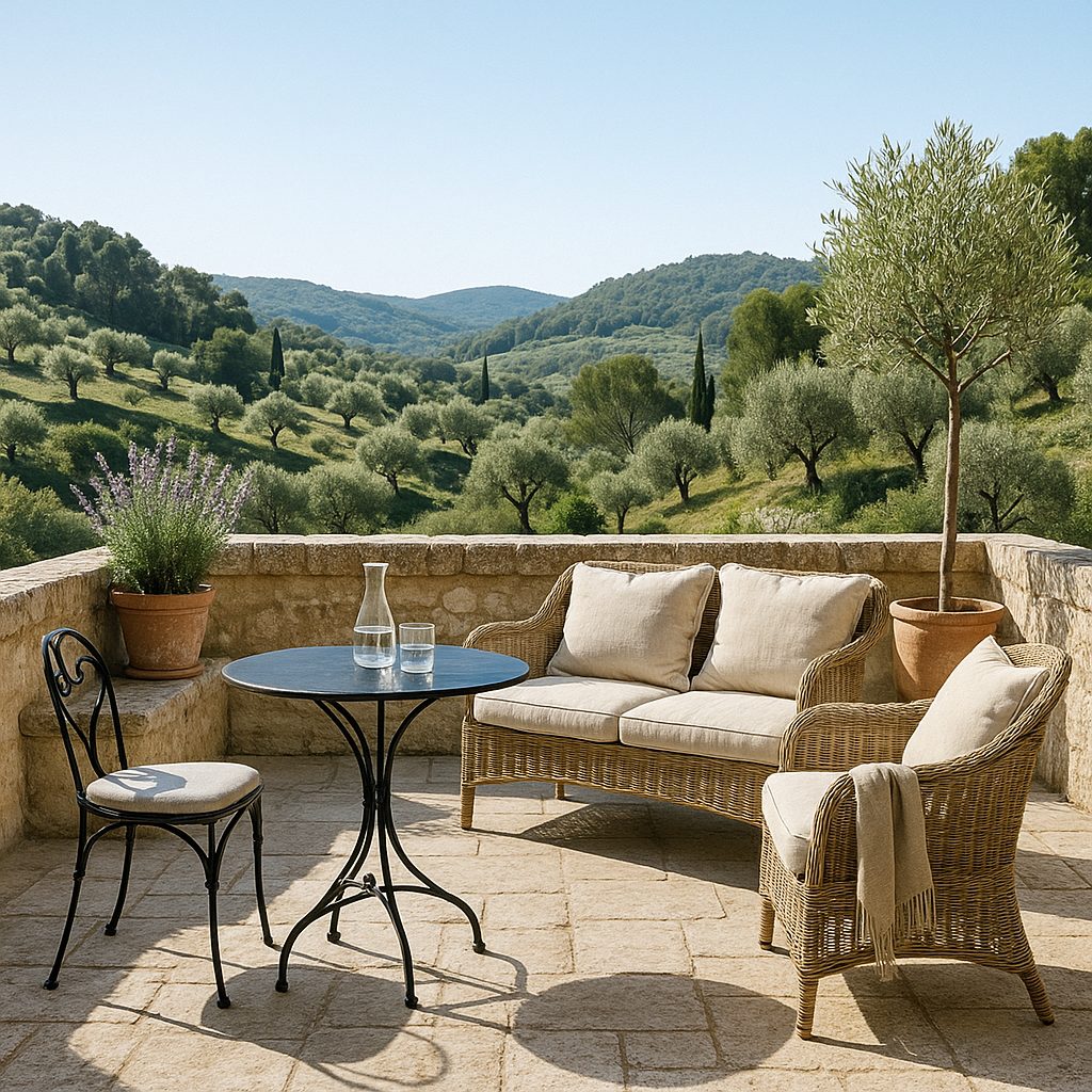 Luxury furniture Saint-Paul-de-Vence olive terrace with outdoor furniture by Casa Padrino