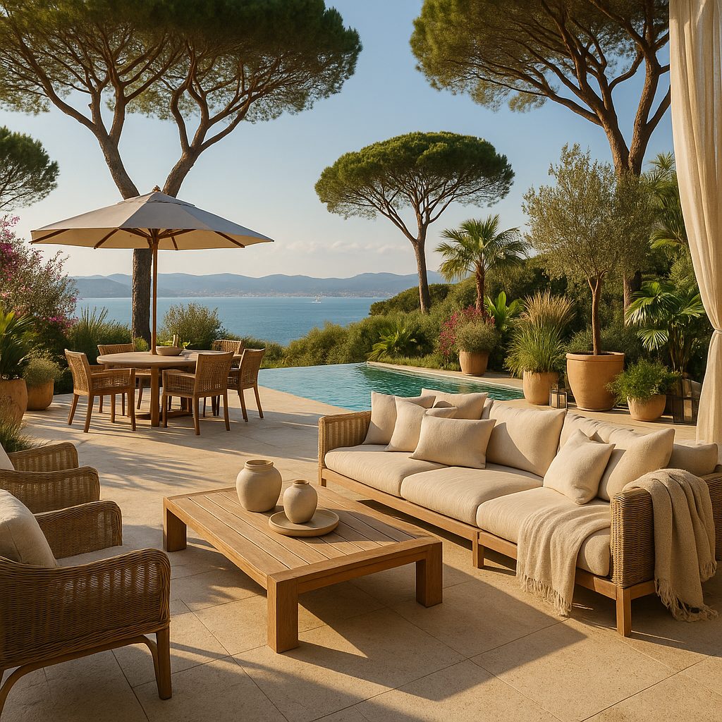 Luxury furniture Saint-Tropez terrace under umbrella pines with Casa Padrino rattan furniture