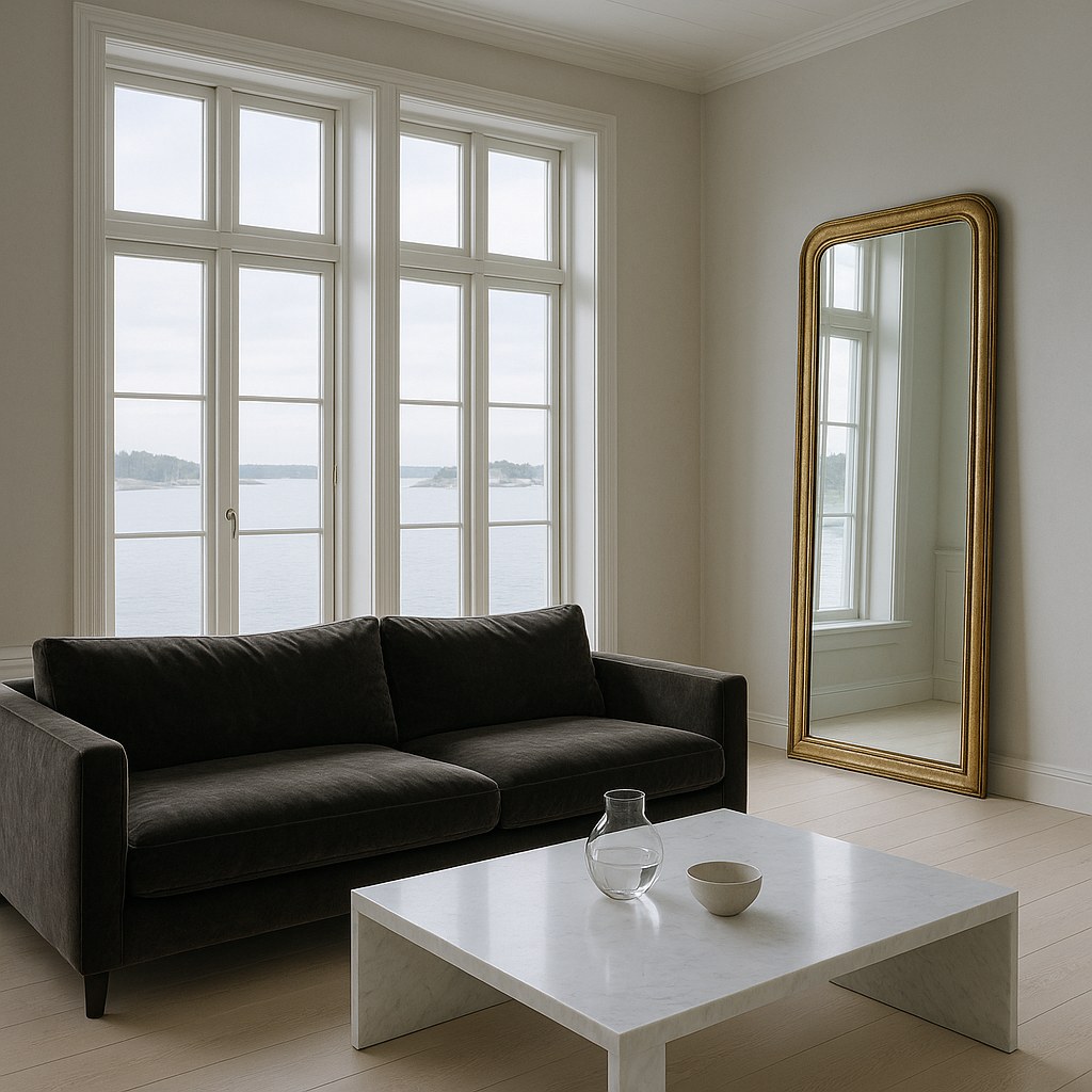 Luxury furniture in a Swedish archipelago villa living room with velvet sofa and gilded mirror by Casa Padrino