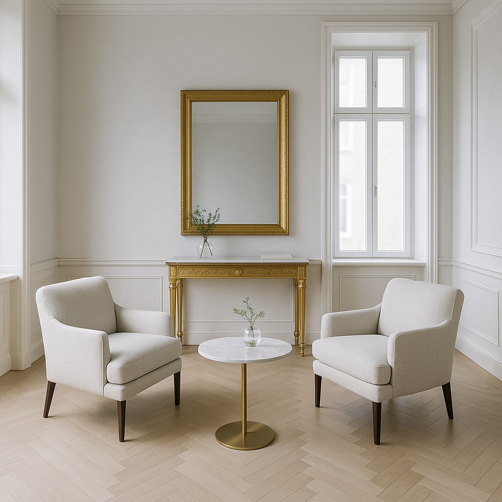 Luxury furniture in a Gothenburg drawing room in Sweden with marble table and gilded console by Casa Padrino