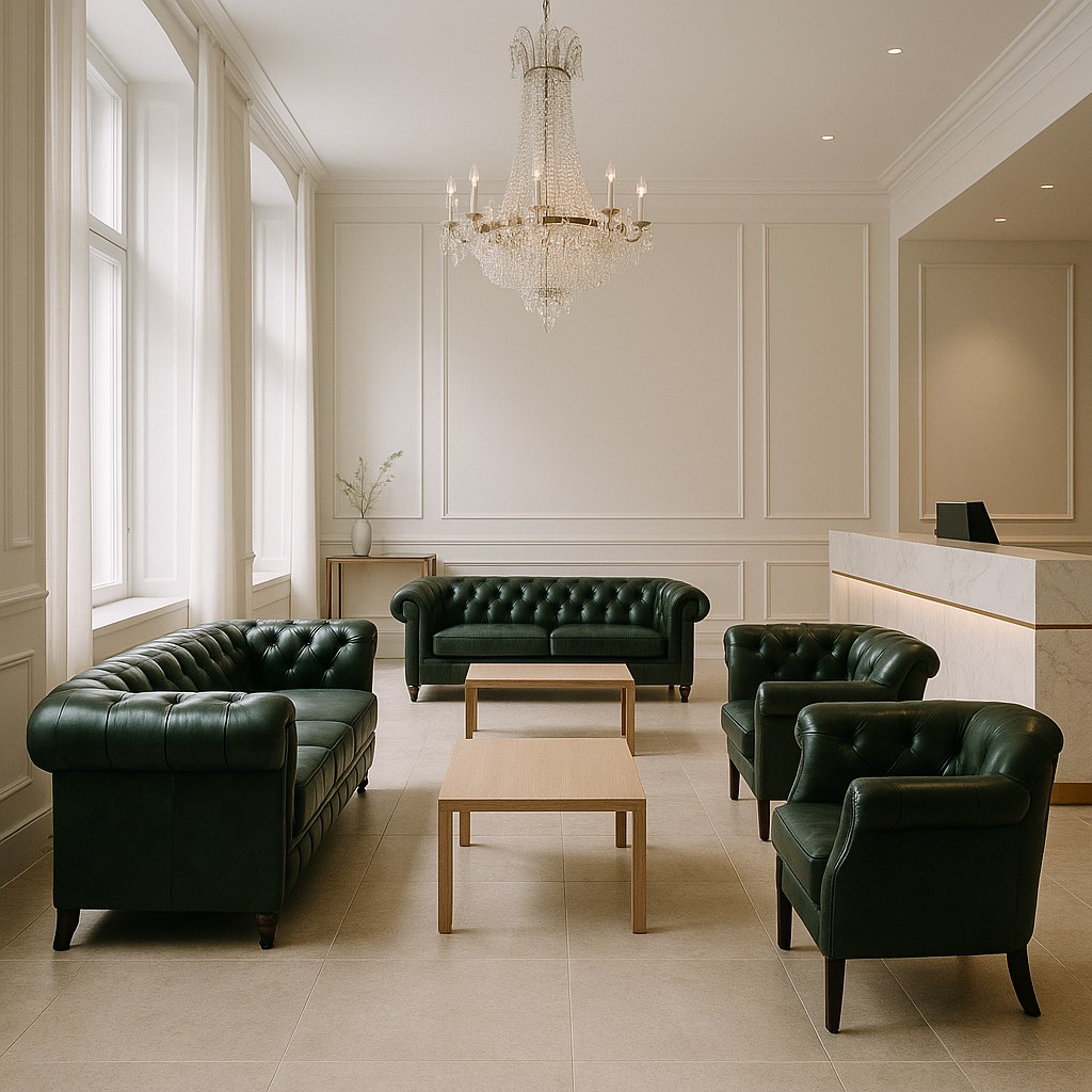 Luxury furniture in a Swedish hotel lobby with chesterfield seating and crystal lighting by Casa Padrino