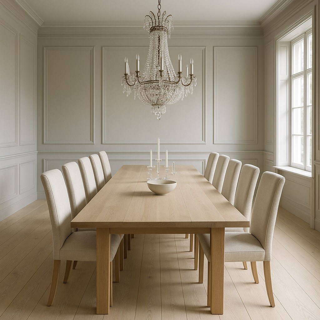 Luxury furniture in a Swedish manor house dining room with a solid wood table and crystal chandelier by Casa Padrino