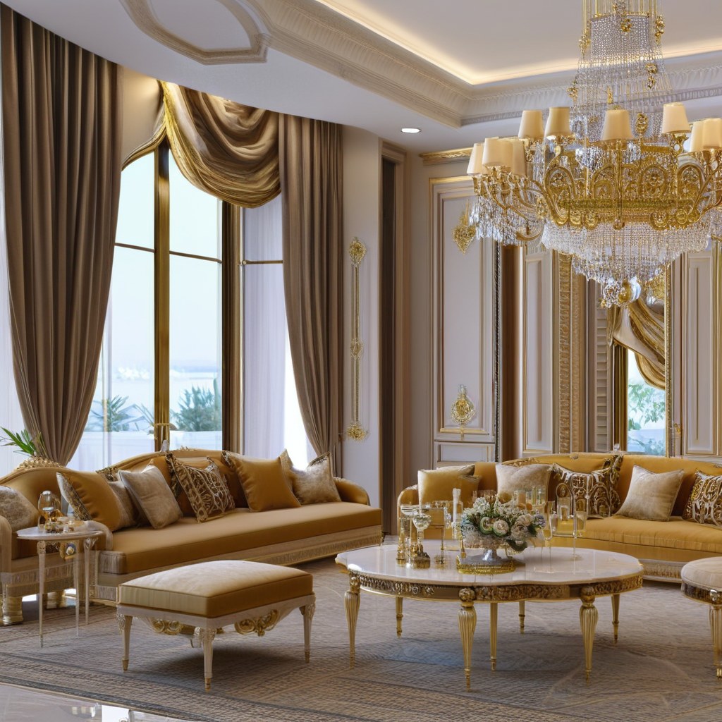 Luxury furniture for a UAE majlis with gold baroque seating by Casa Padrino