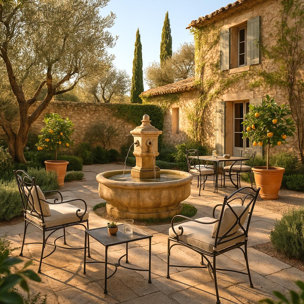Luxury furniture Vence courtyard terrace with fountain furnished by Casa Padrino