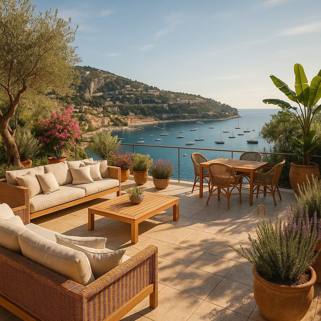 Luxury furniture Villefranche sur Mer panoramic terrace above the bay furnished by Casa Padrino