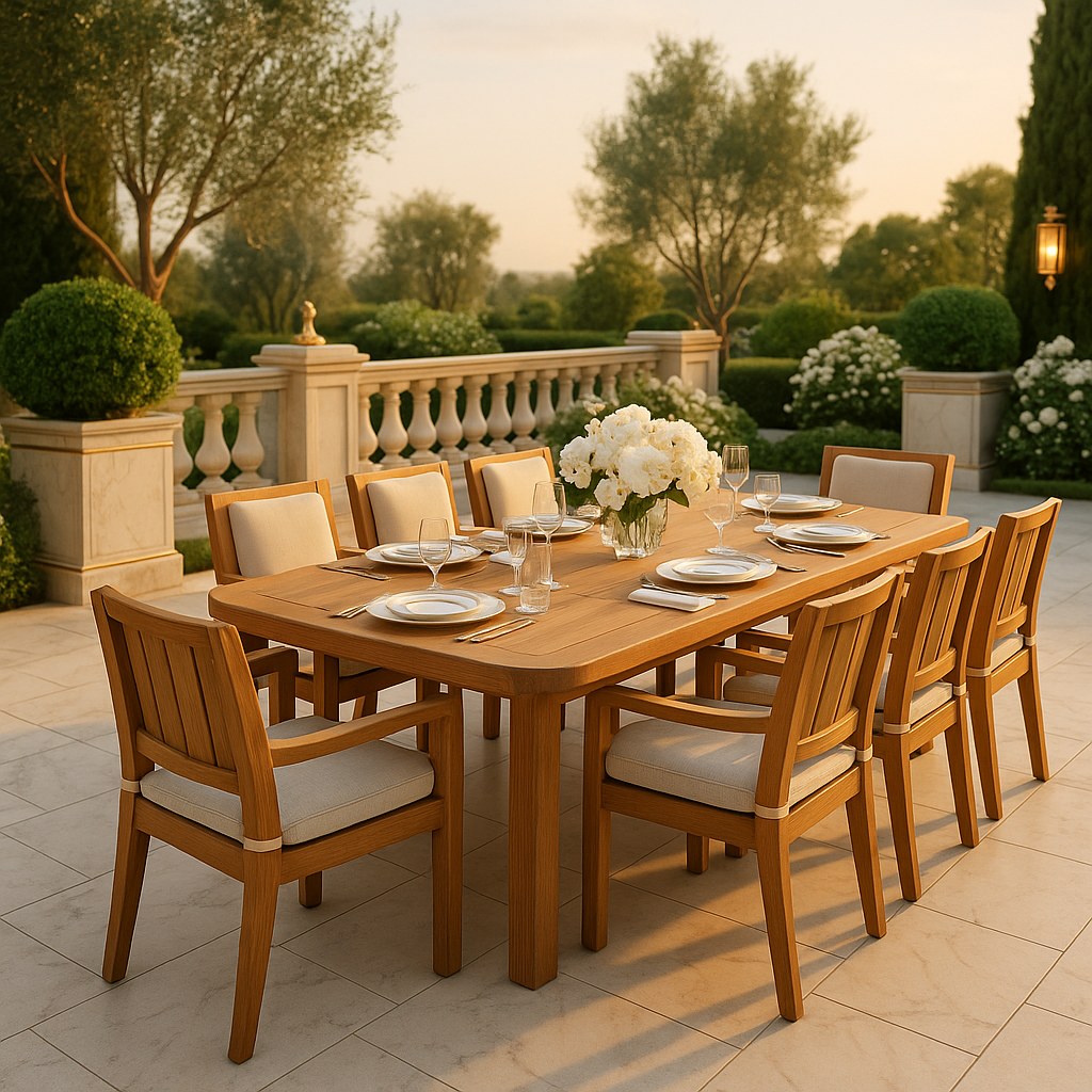 Luxury garden furniture teak dining set on an outdoor terrace by Casa Padrino