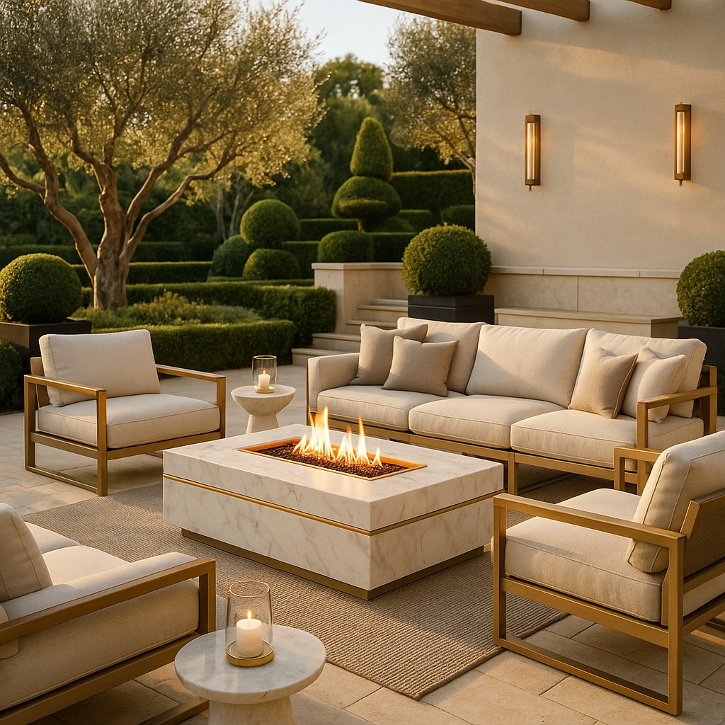 Luxury garden furniture with fire pit and lounge seating by Casa Padrino