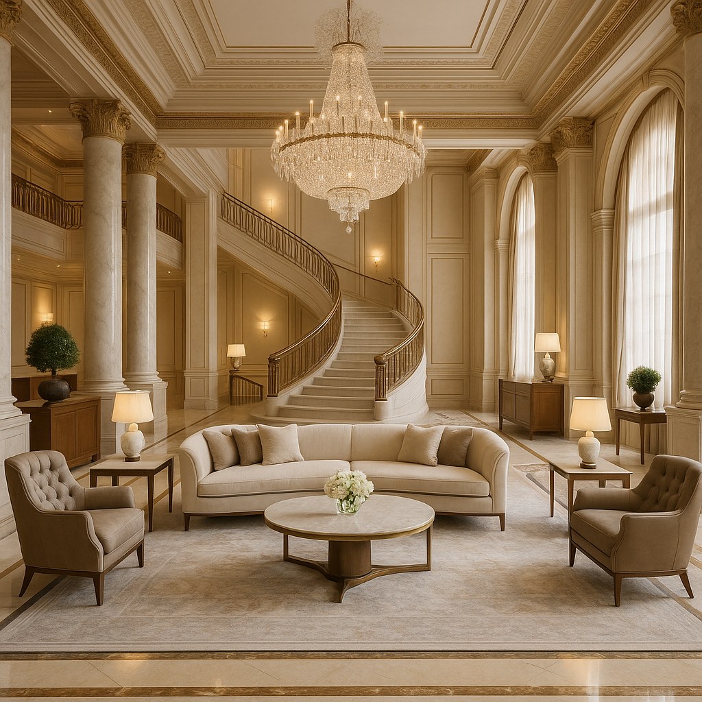Luxury hotel furniture supplier installation in a grand hotel lobby by Casa Padrino