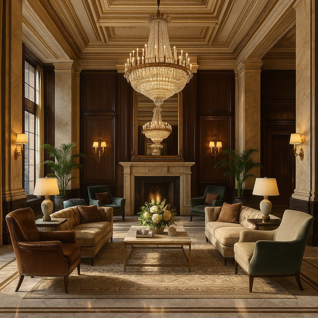 Luxury hotel lobby seating beneath a magnificent chandelier by Casa Padrino