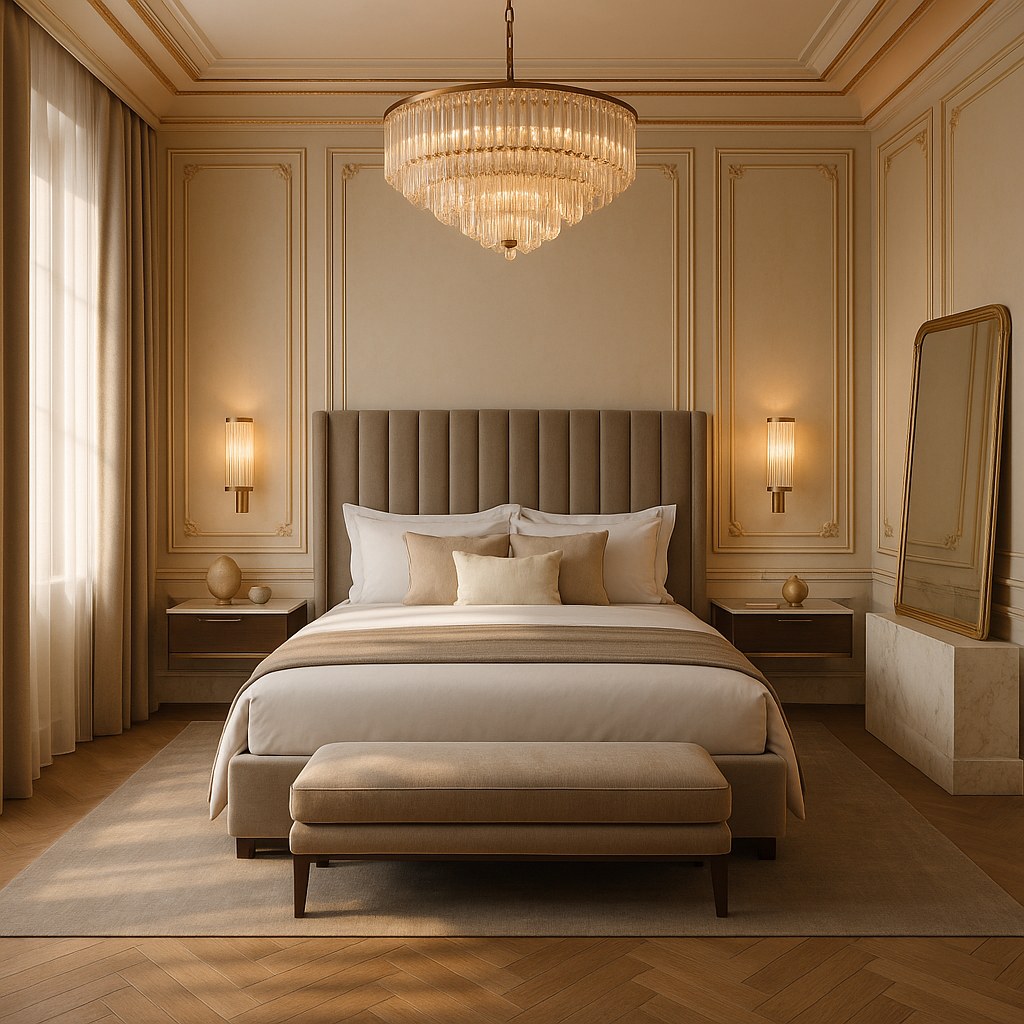 Luxury interior solutions bedroom furnishing with chandelier by Casa Padrino