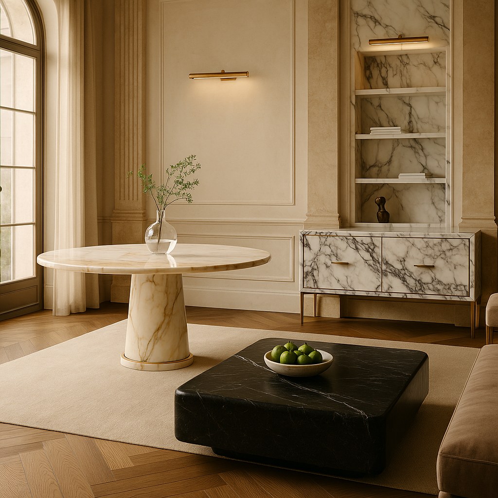 Luxury marble furniture collection in an elegant interior by Casa Padrino