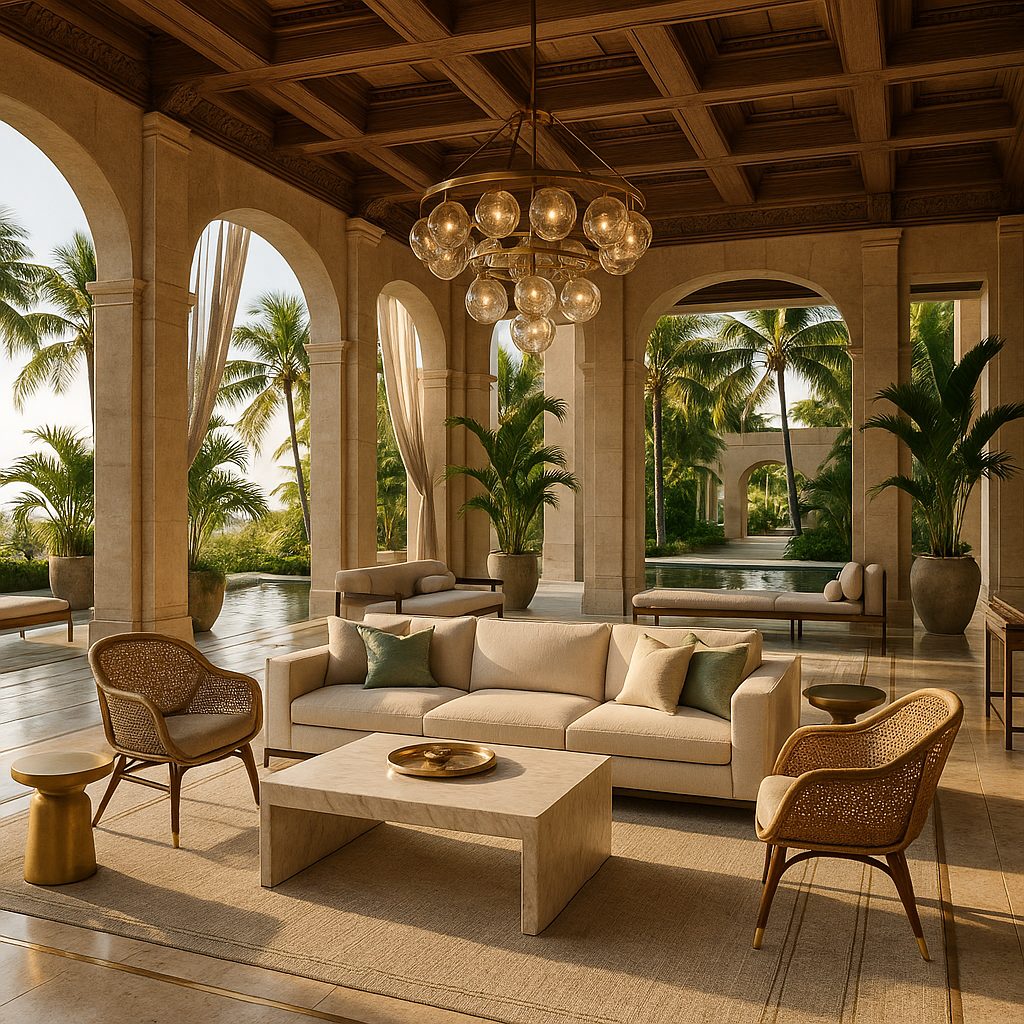 Luxury resort furniture in an open-air resort lobby by Casa Padrino