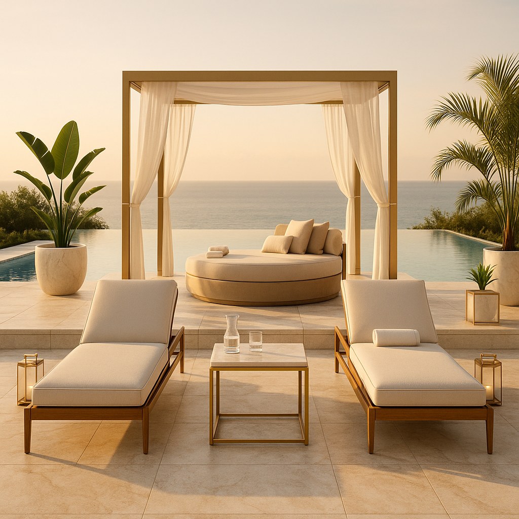 Luxury resort furniture with poolside lounge seating by Casa Padrino
