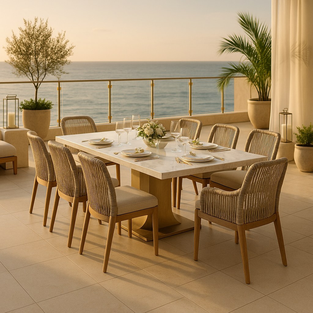 Luxury resort furniture on an elegant terrace dining area by Casa Padrino